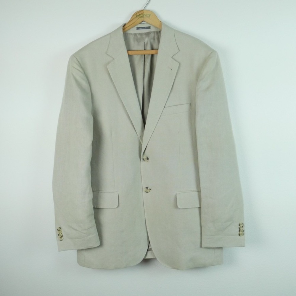 Saks Fifth Avenue Mens 42R Blazer 100% Linen 2 Button Sport Coat Beige Preppy